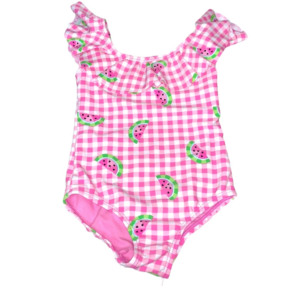 Pink gingham watermelon ruffle swimsuit 2T